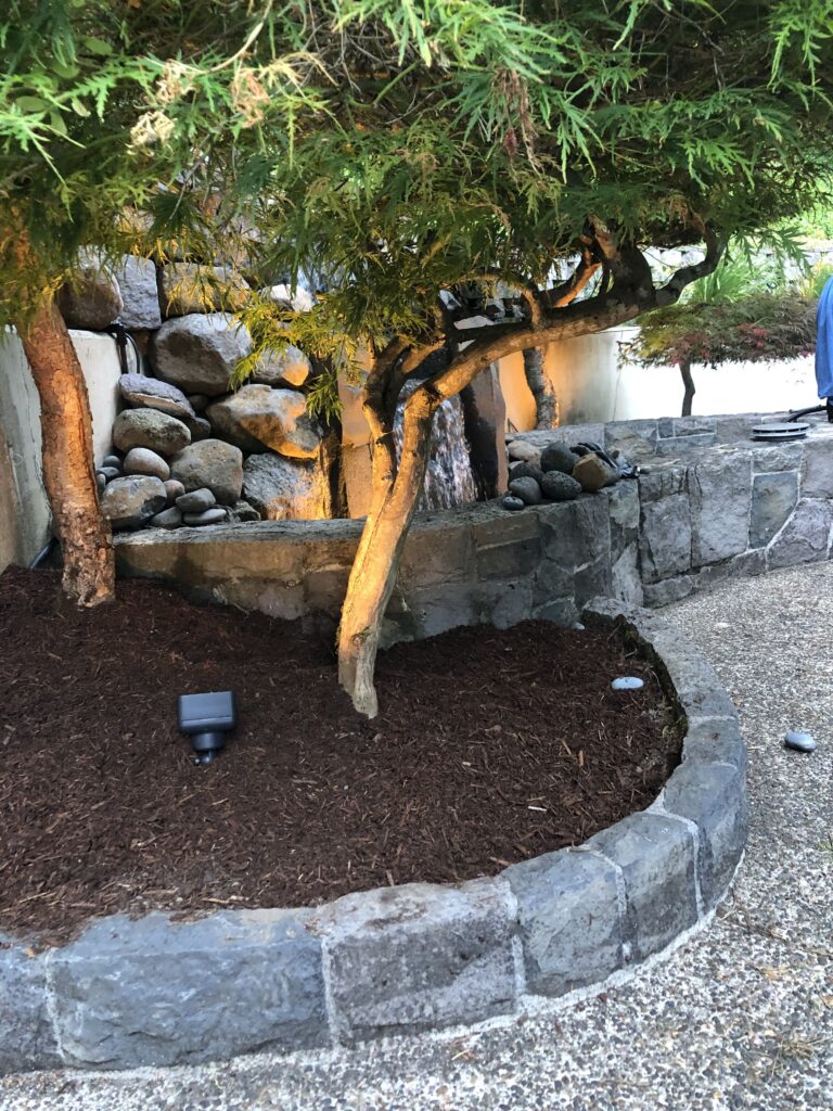 backyard waterfall with landscape lighting salem oregon